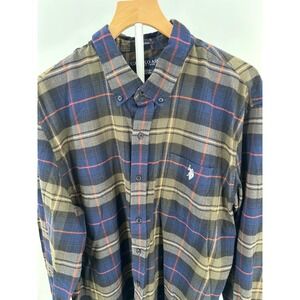 US Polo Assn Mens 2XL Plaid Button Down Shirt Navy Green Stretch Flannel Style